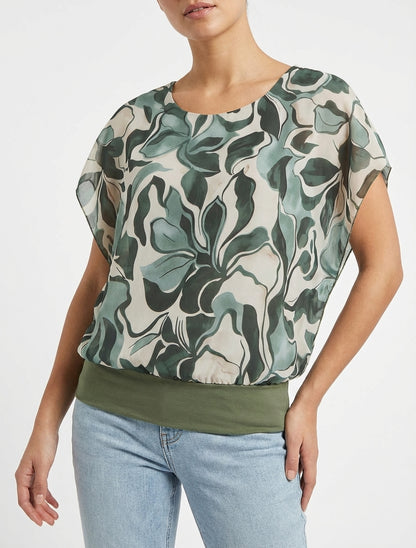 Top droit manches courtes imprimé floral - Kaki