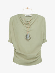 Top manches courtes effet lin à col bénitier - Vert olive - 1