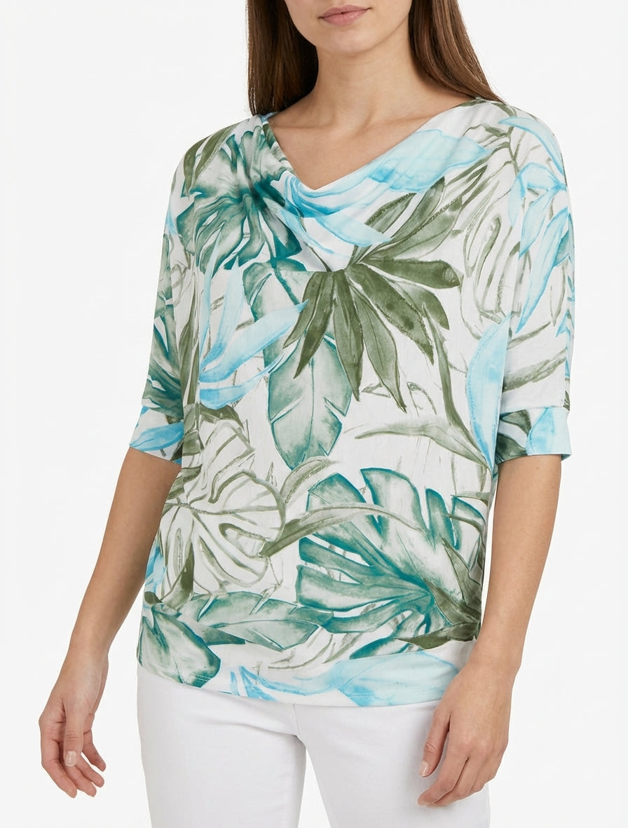 Top tropical manches 3/4 et effet plissé - Kaki