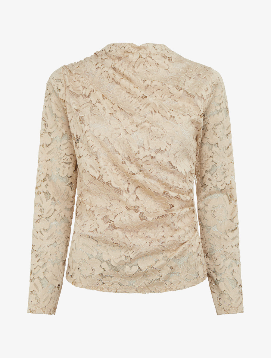 Top en dentelle drapé à manches longues - Beige - 1
