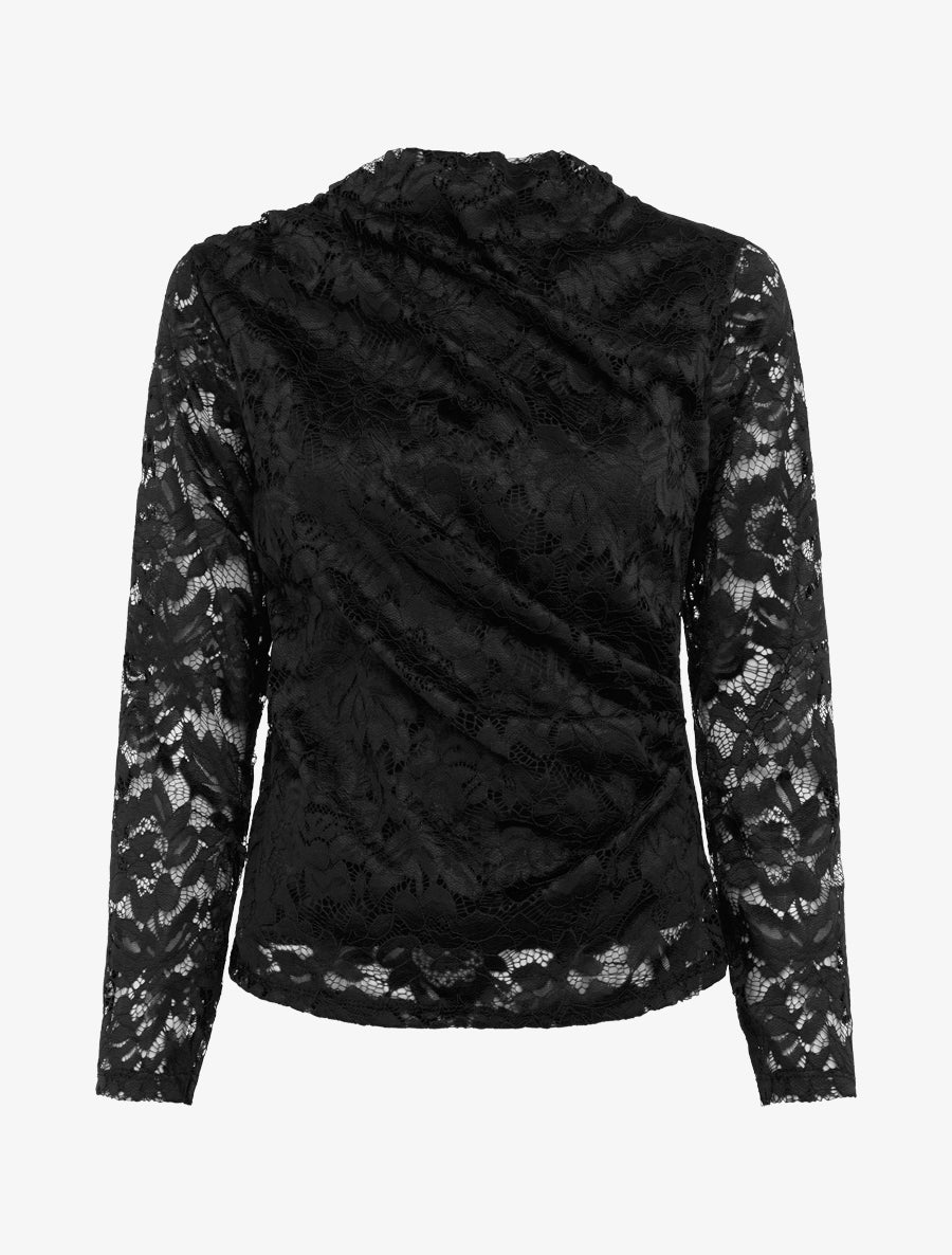 Top en dentelle drapé à manches longues - Noir - 1