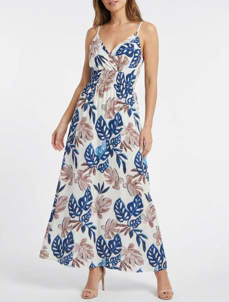 Lange jurk met smalle bandjes en tropische print - Marine