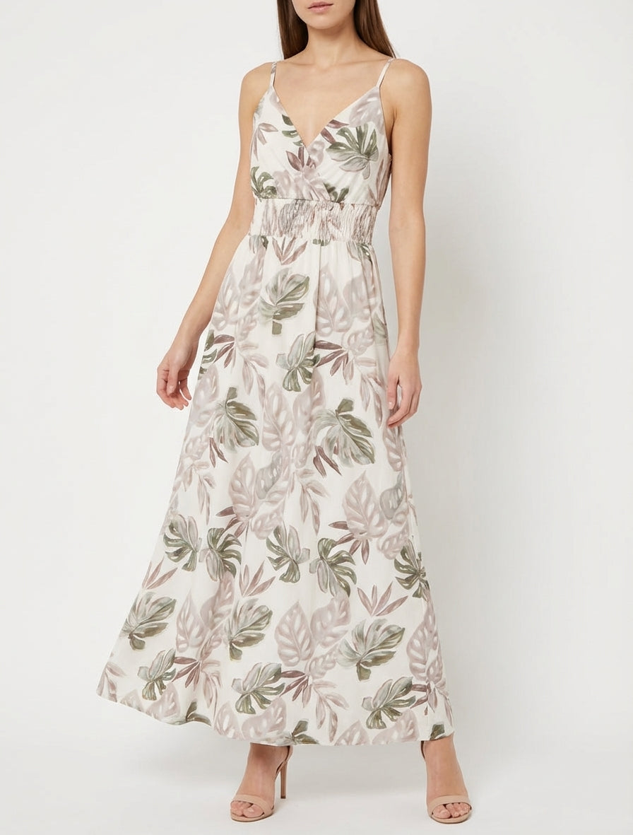Lange jurk met smalle bandjes en tropische print - Beige