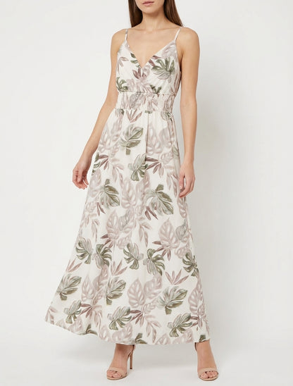 Lange jurk met smalle bandjes en tropische print - Beige
