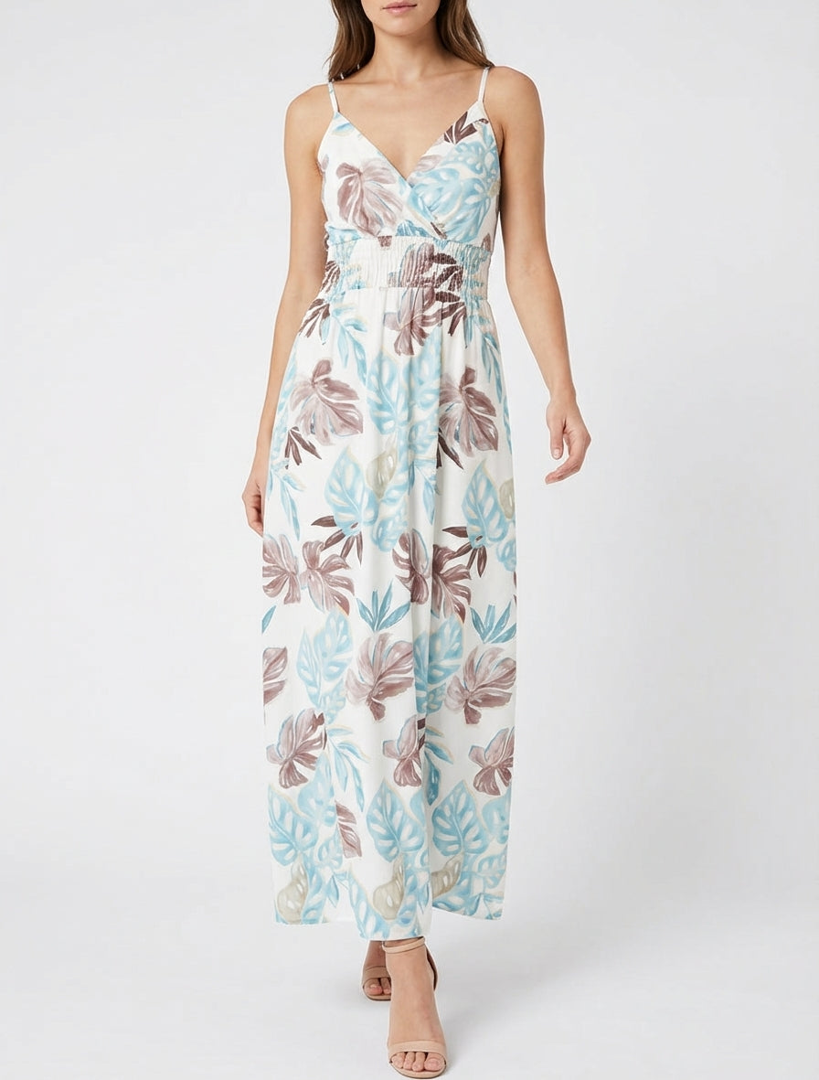 Lange jurk met smalle bandjes en tropische print - Lichtblauw