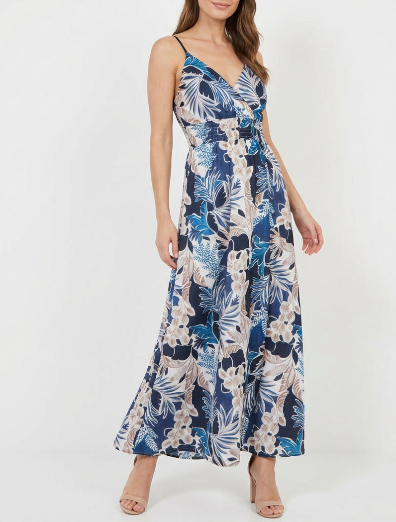 Robe longue à fines bretelles imprimé feuillage - Marine