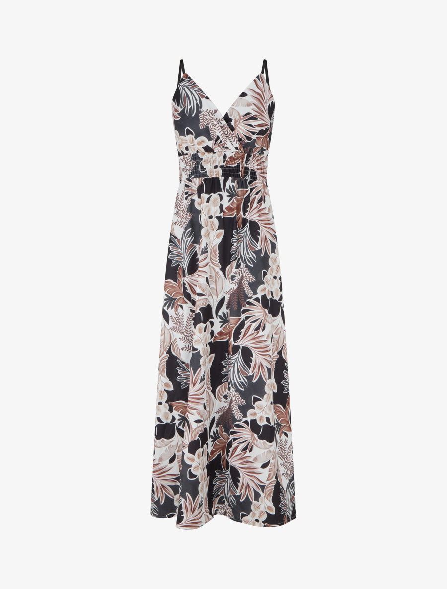 Robe longue à fines bretelles imprimé feuillage - Noir - 1