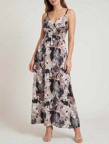 Robe longue à fines bretelles imprimé feuillage - Noir