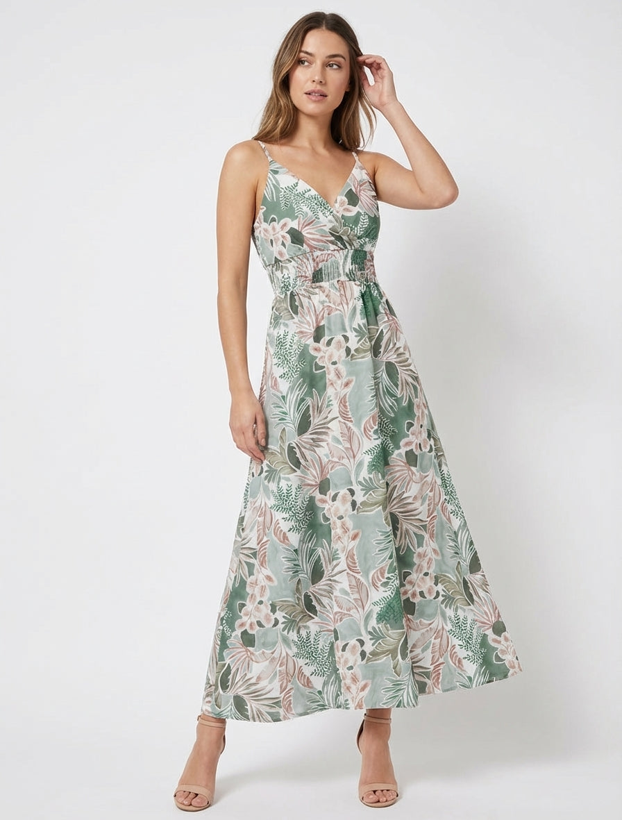 Robe longue à fines bretelles imprimé feuillage - Kaki