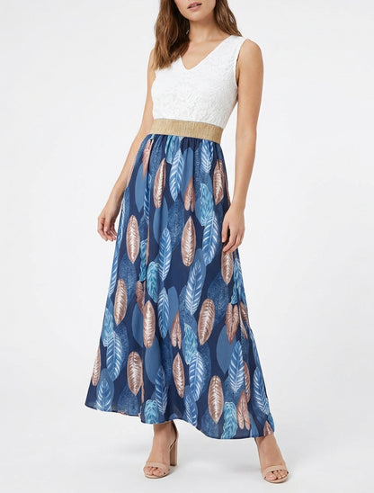 Robe longue à dentelle et imprimé feuilles - Marine