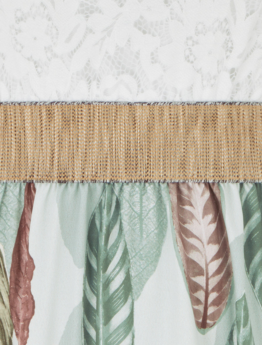 Robe longue à dentelle et imprimé feuilles - Vert amande - 3