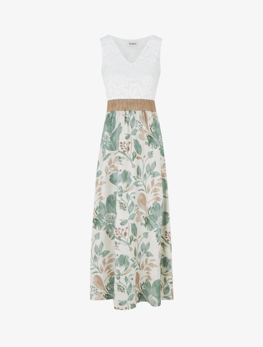 Robe longue à dentelle et imprimé floral - Kaki clair - 1