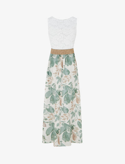 Robe longue à dentelle et imprimé floral - Kaki clair - 2