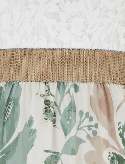 Robe longue à dentelle et imprimé floral - Kaki clair - 3