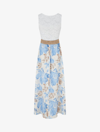 Robe longue à dentelle et imprimé floral - Bleu ciel - 2