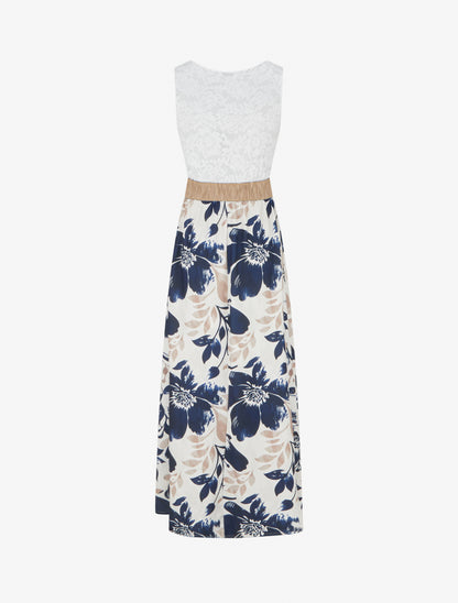 Robe longue à dentelle et imprimé floral - Marine - 2