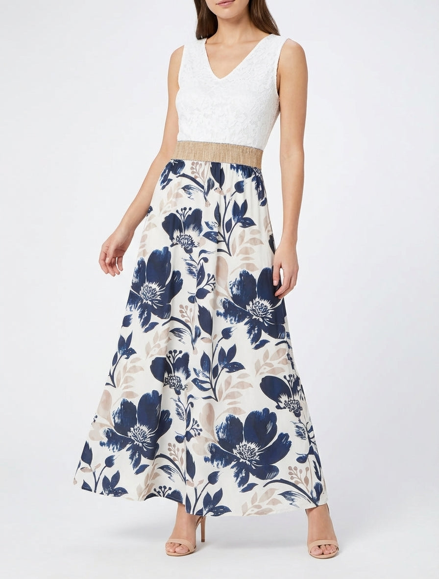 Lange jurk met kant en bloemenprint - Marine