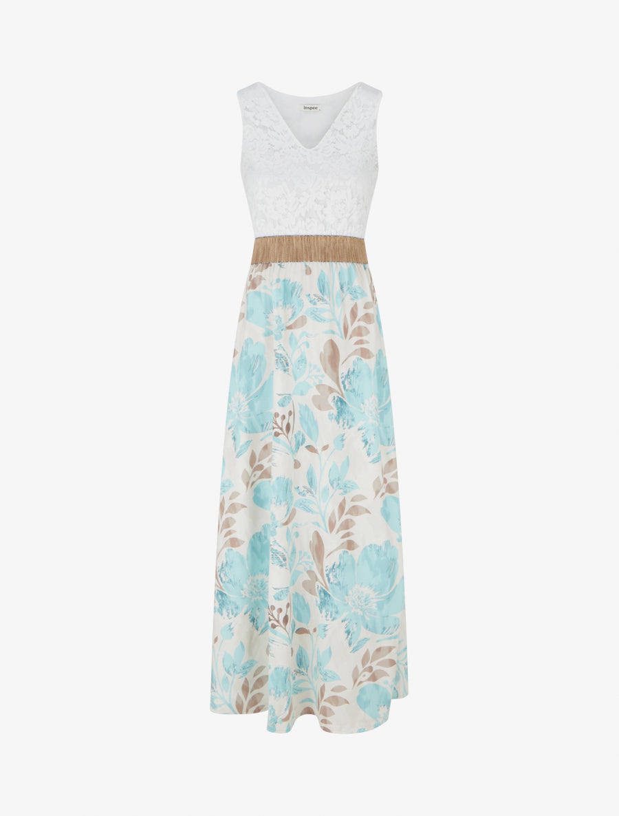 Robe longue à dentelle et imprimé floral - Vert d&