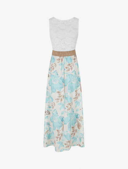 Robe longue à dentelle et imprimé floral - Vert d&