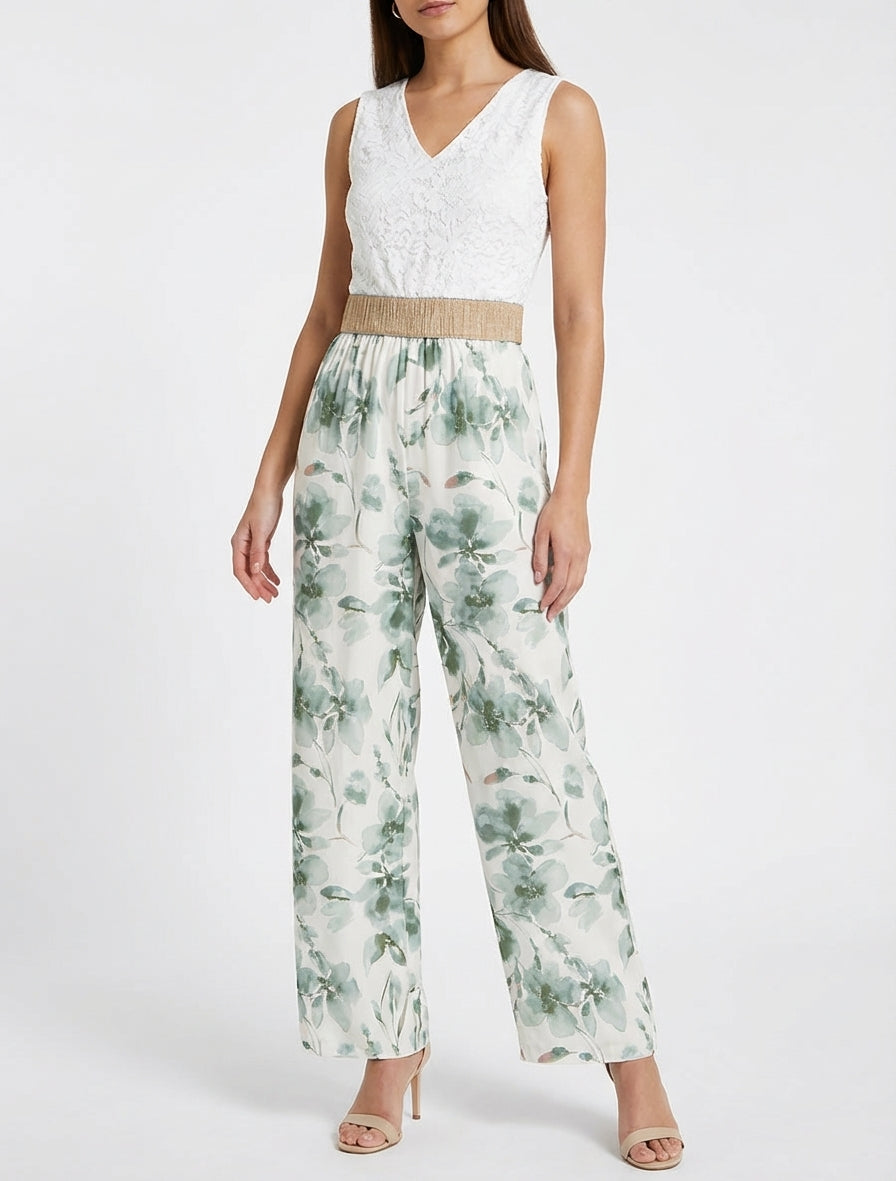 Combinaison à dentelle et imprimé floral - Kaki