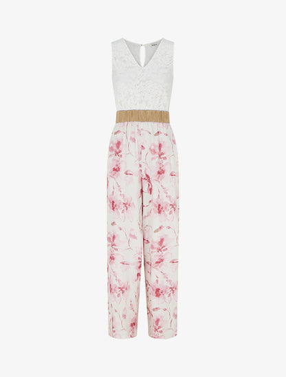 Combinaison à dentelle et imprimé floral - Rose - 1