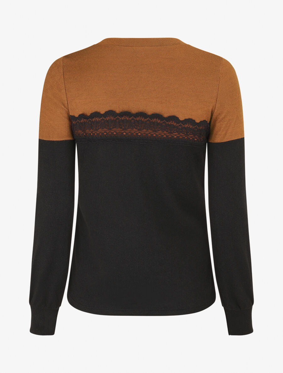 Pull fin et bande en dentelle - Marron - 2
