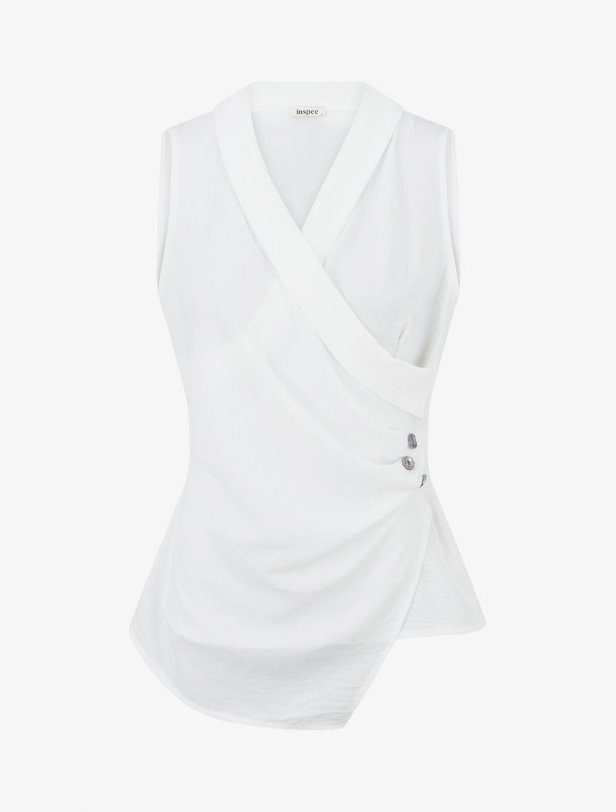 Top sans manches drapé à boutons - Blanc - 1