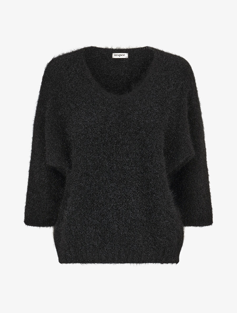 Pull duveteux à col V - Noir - 1