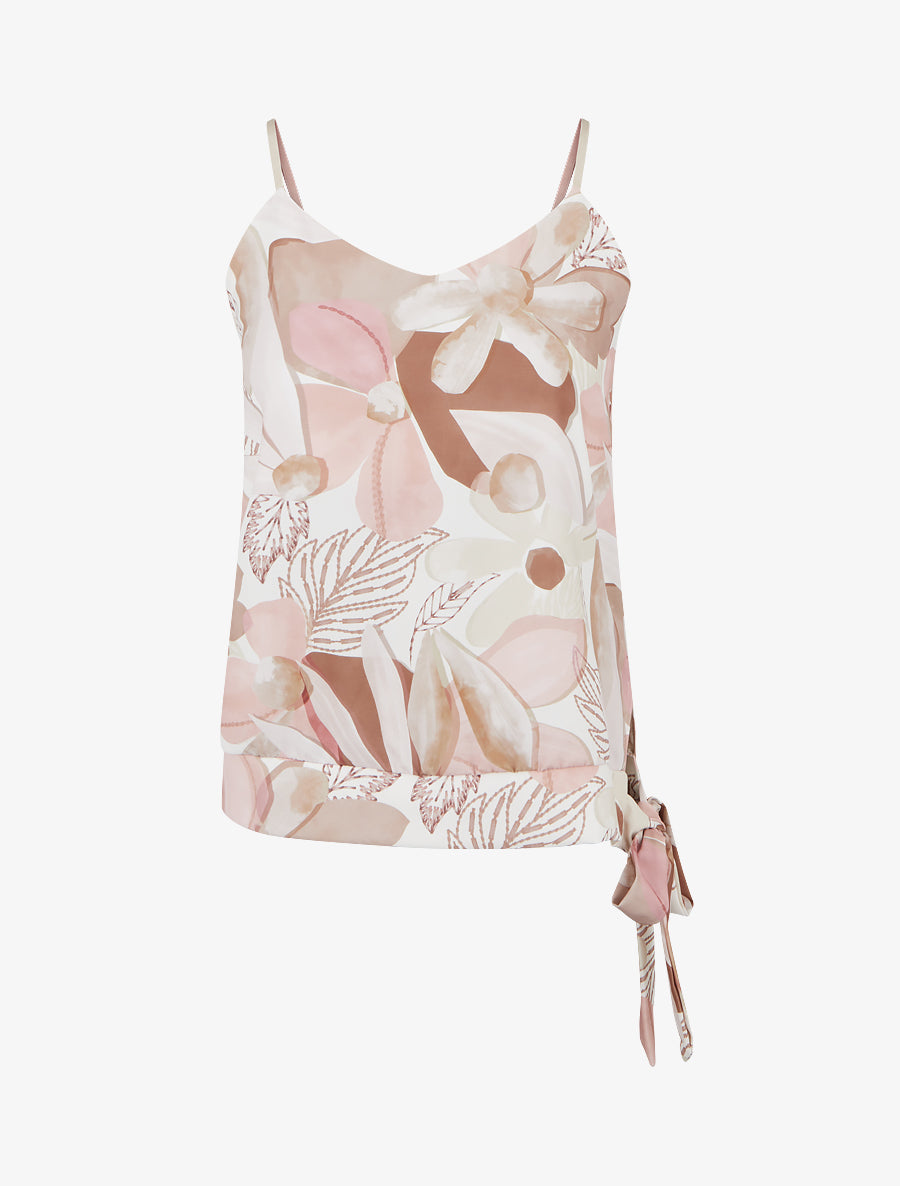 Caraco satiné imprimé floral à noeud - Beige - 1