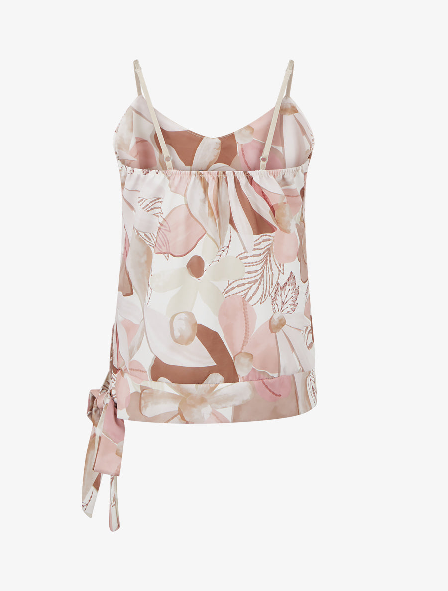 Satijnen bloemenprint caraco met strik - Beige