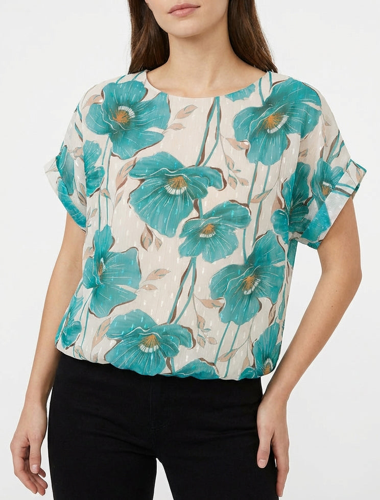 Top boule manches courtes à imprimé floral - Turquoise