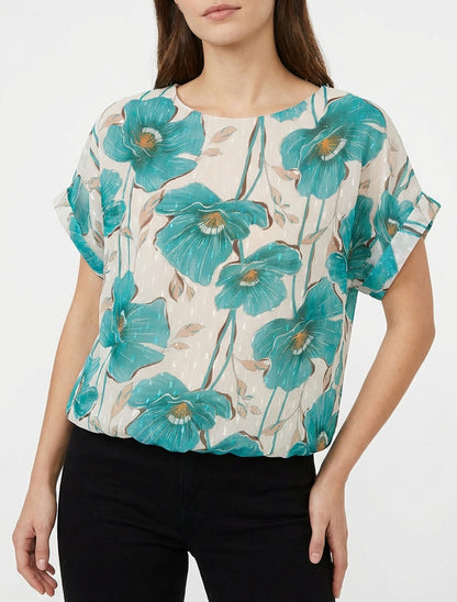 Top boule manches courtes à imprimé floral - Turquoise