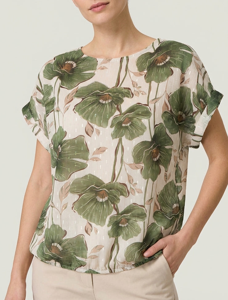 Top boule manches courtes à imprimé floral - Kaki