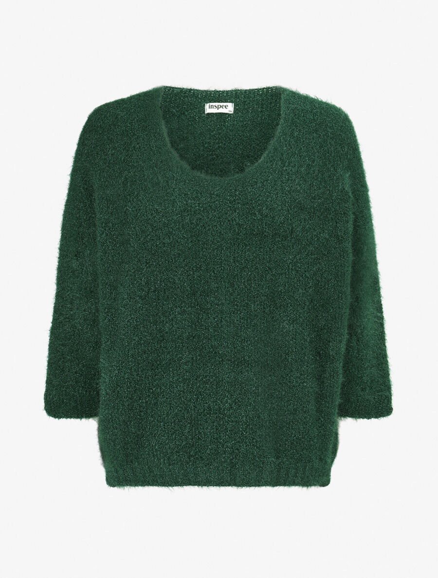 Pull duveteux à col V - Vert forêt - 1