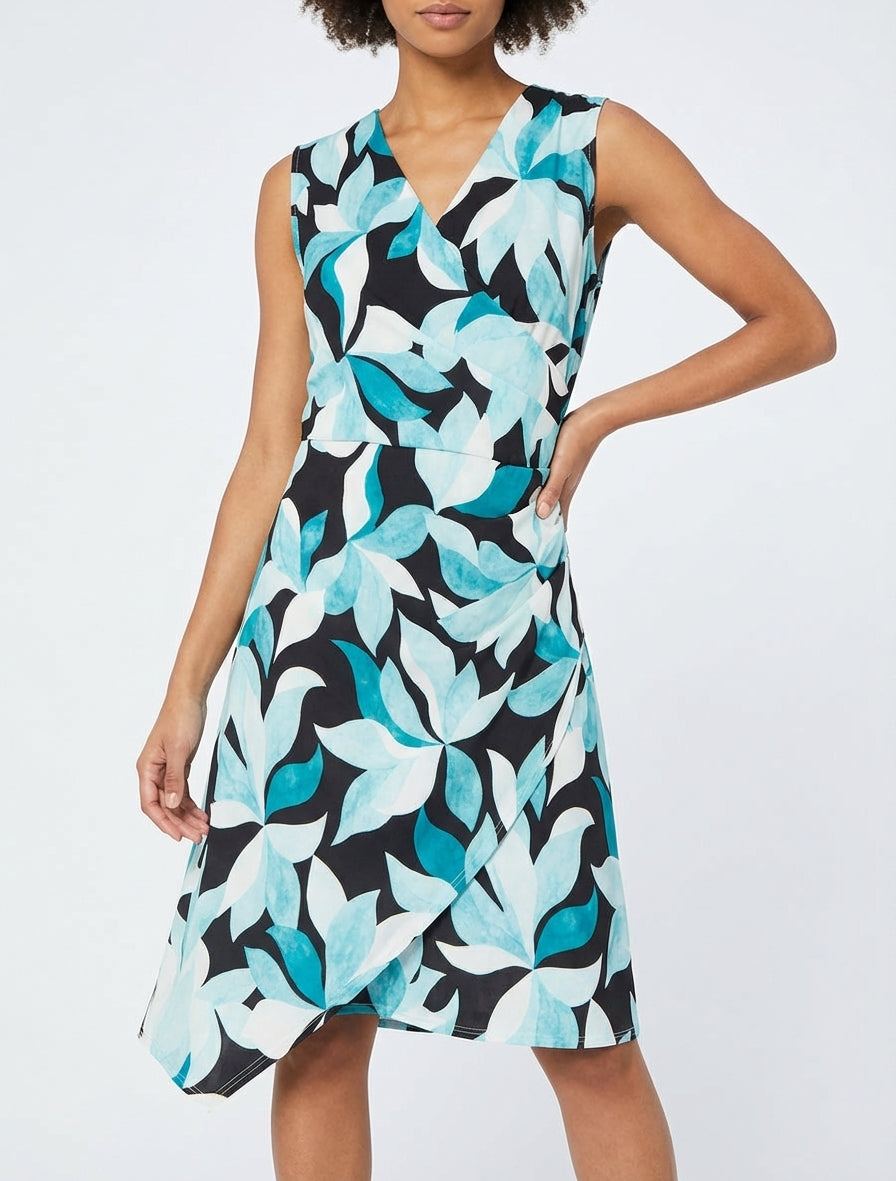Robe style portefeuille sans manches imprimé feuillages - Turquoise