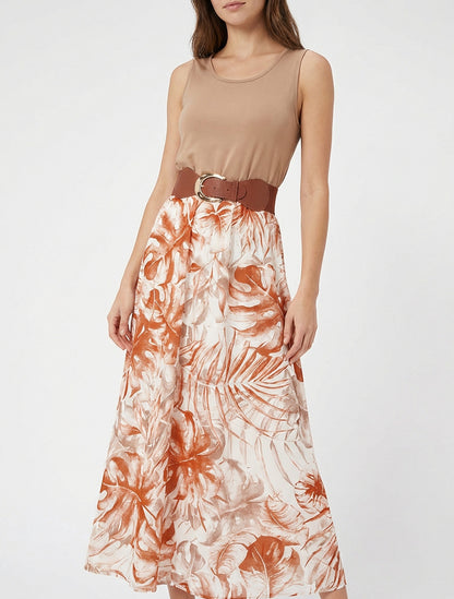Lange jurk met bladprint rok - Kameel