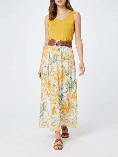 Lange jurk met bladprint rok - Mosterdgeel