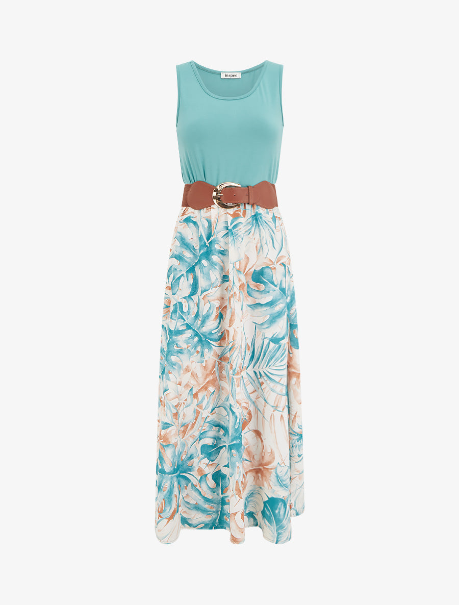 Robe longue à jupe imprimé feuillage - Turquoise - 1