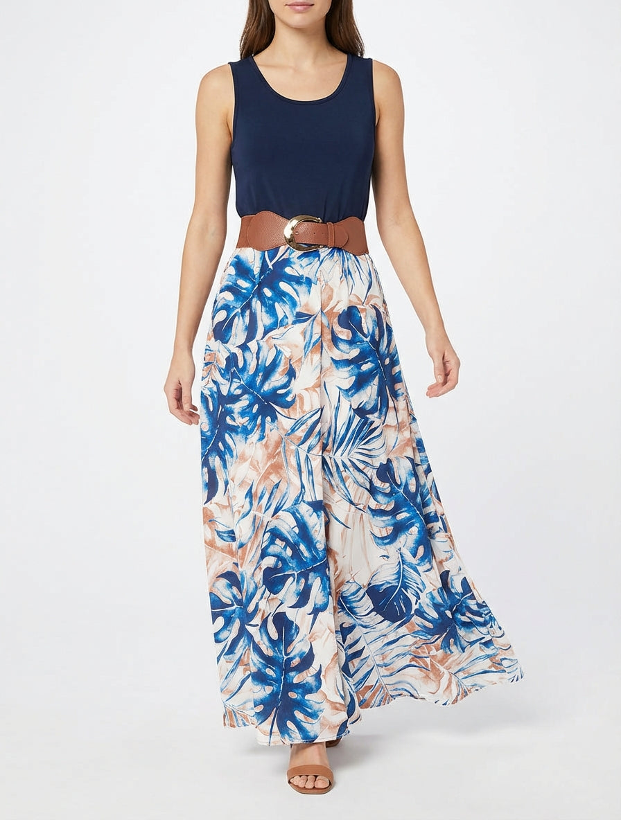 Lange jurk met bladprint rok - Marine