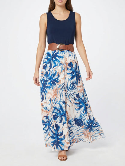 Lange jurk met bladprint rok - Marine