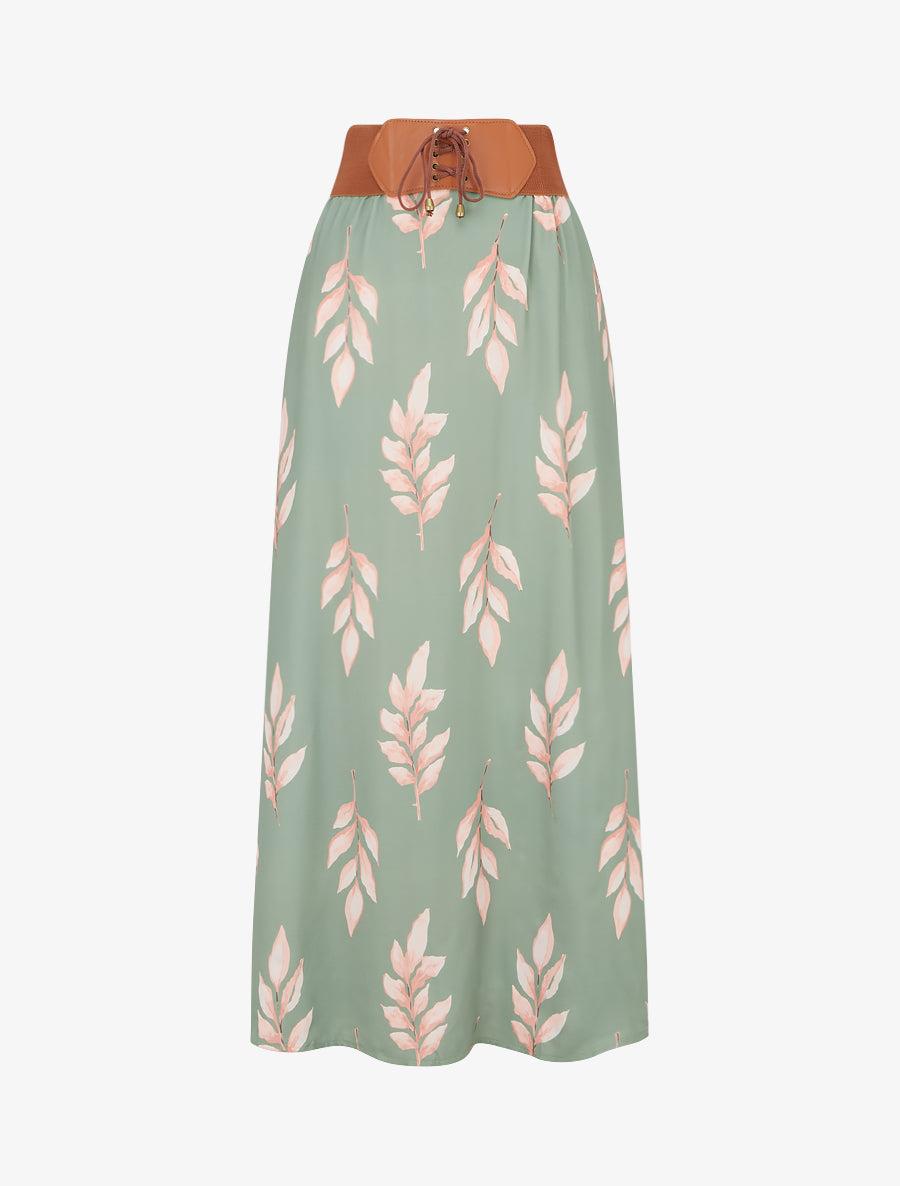 Jupe longue imprimé feuilles - Kaki - 1