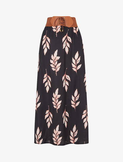 Jupe longue imprimé feuilles - Noir - 1