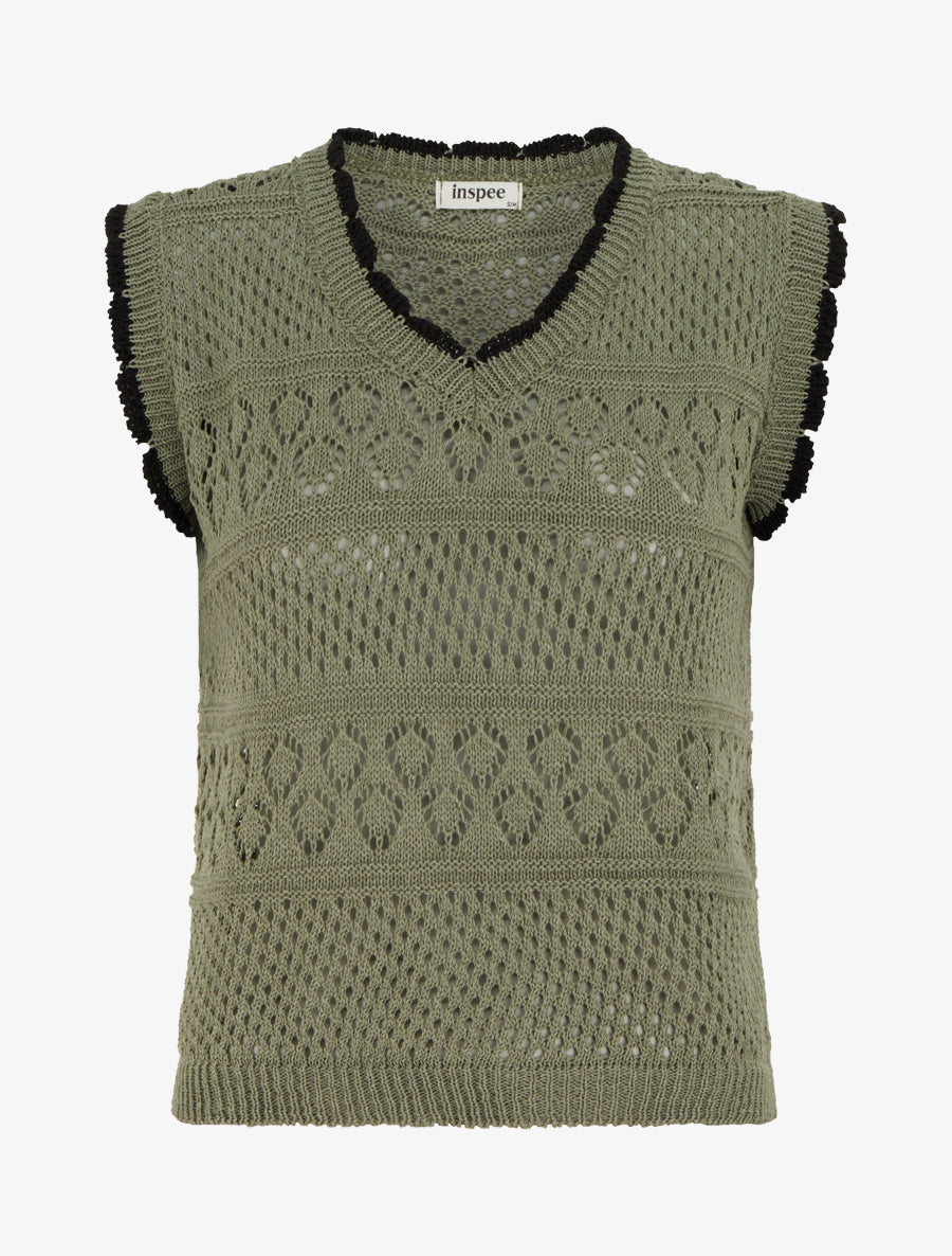 Pull sans manches à col contrastant - Kaki - 1