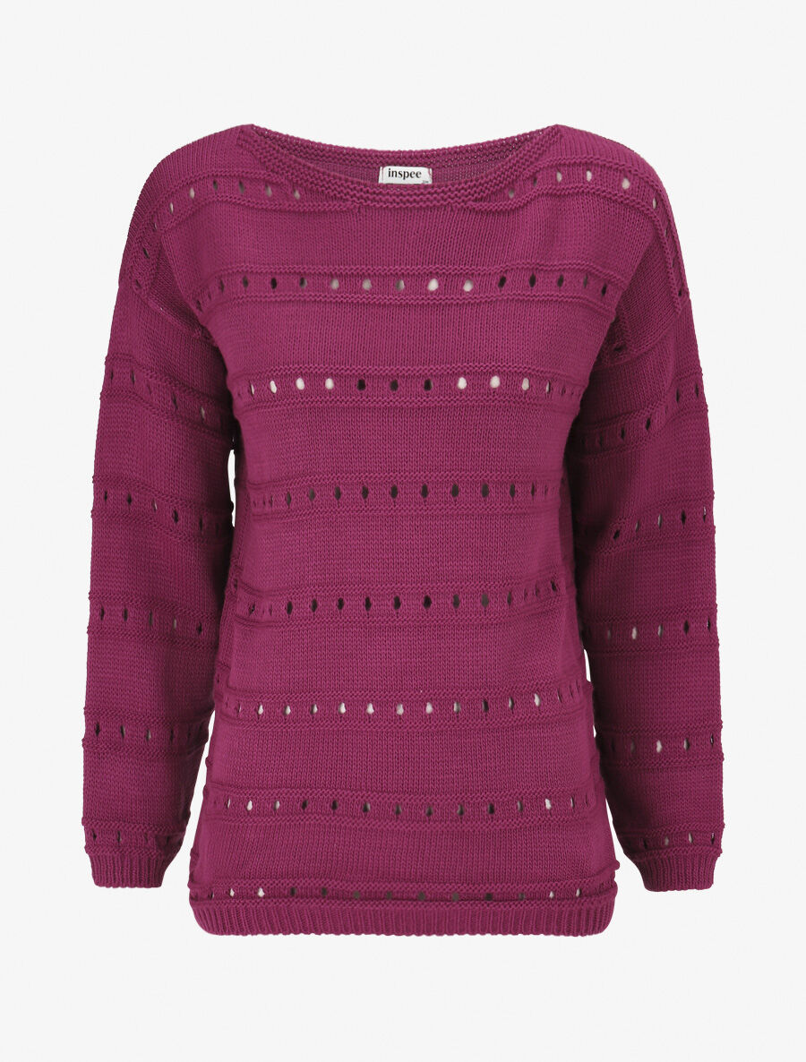 Pull en maille ajourée et en relief - Pourpre - 4