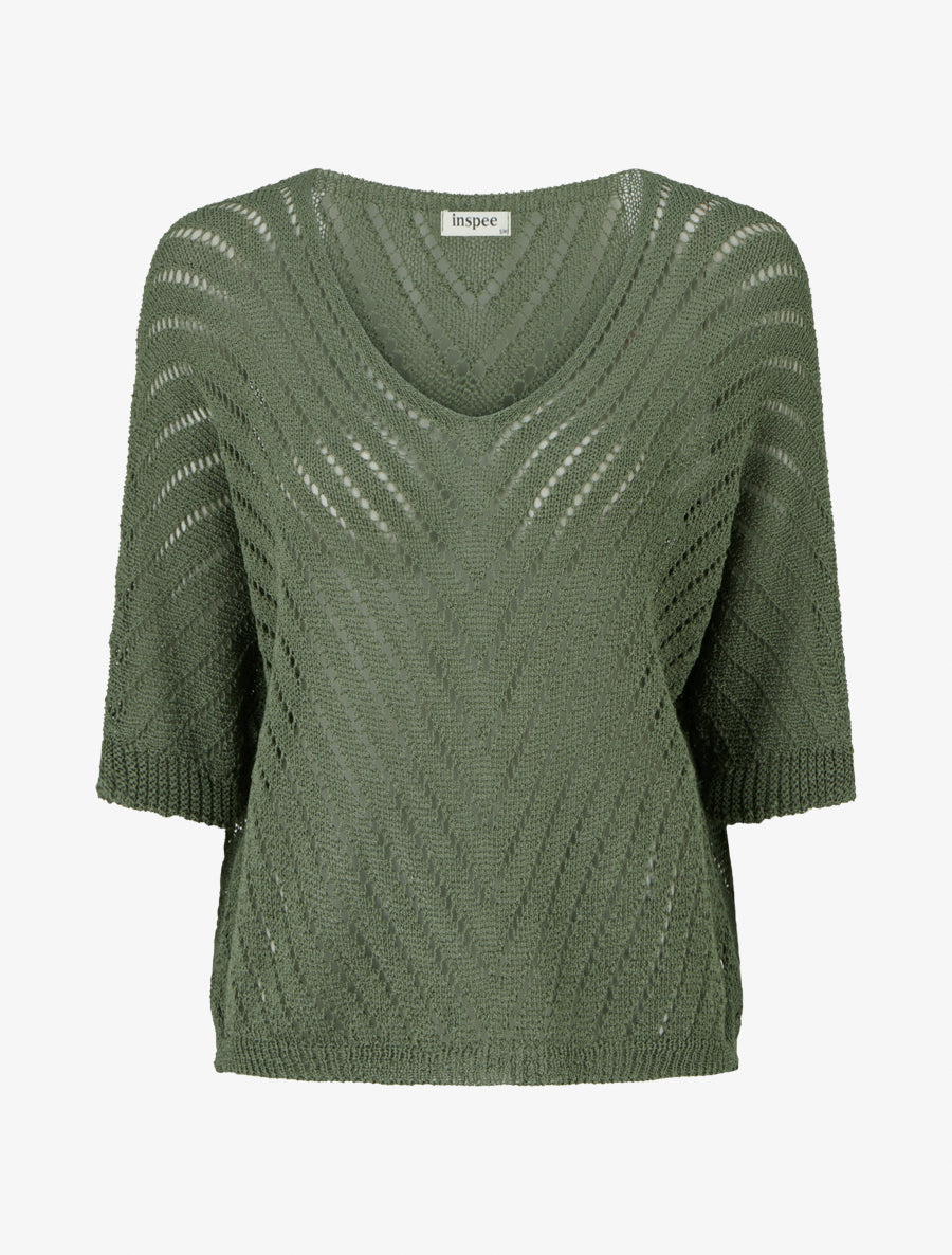Pull en maille légère à col V - Kaki - 1