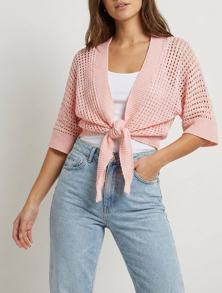Gilet ajouré à nouer - Rose