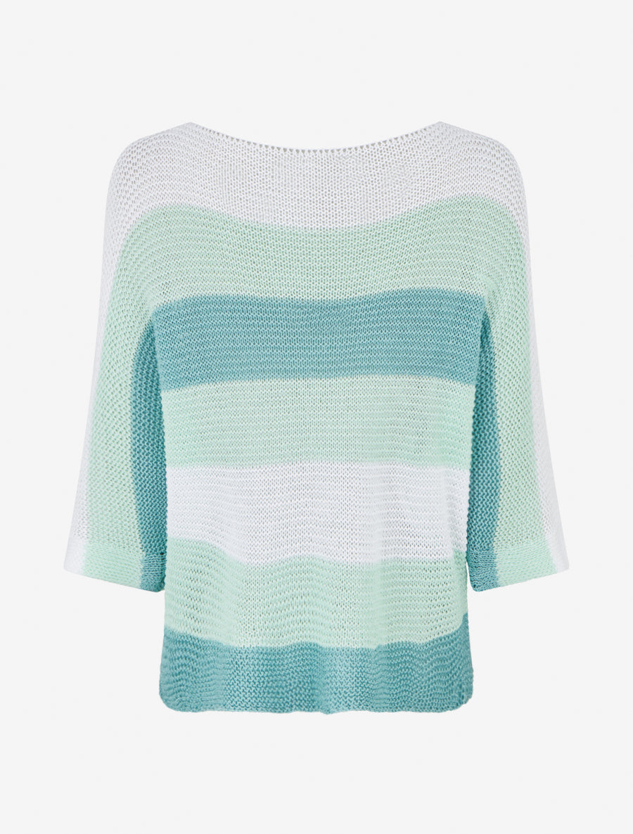 Pull ample à rayures et manches 3/4 - Bleu lagon - 2