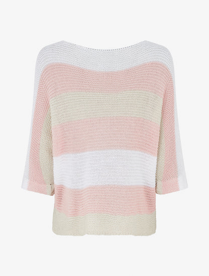 Pull ample à rayures et manches 3/4 - Rose - 2