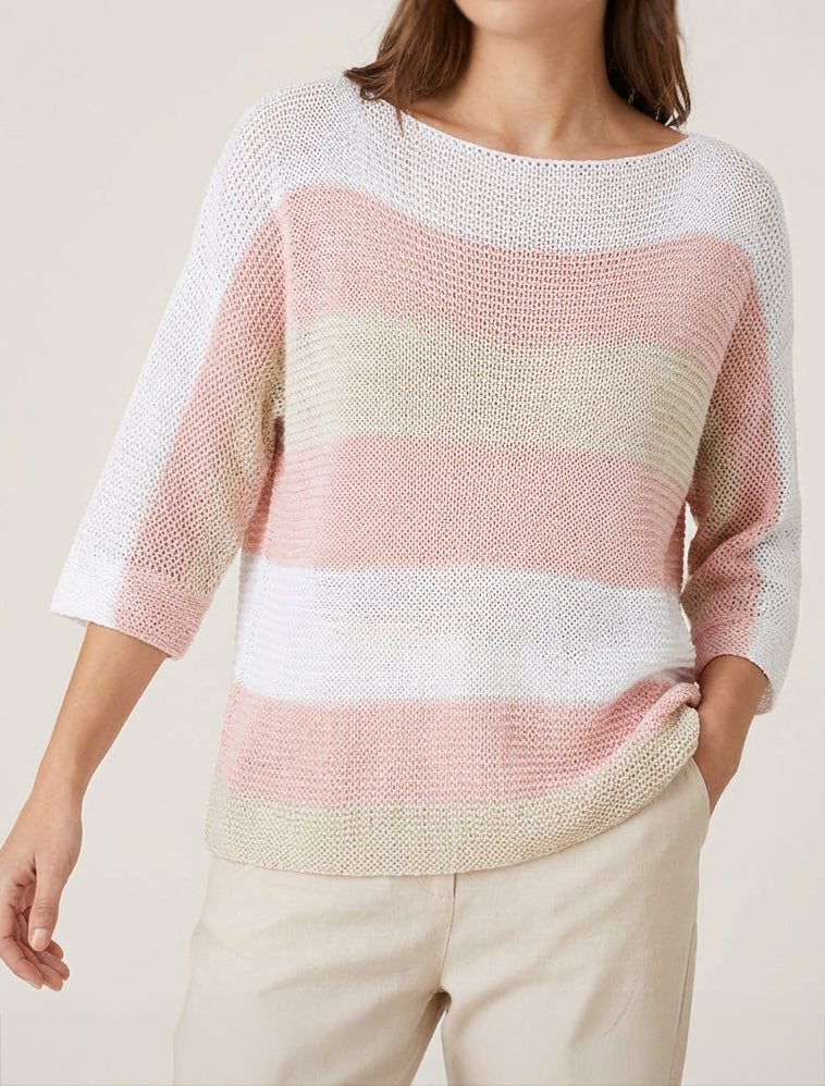 Pull ample à rayures et manches 3/4 - Rose