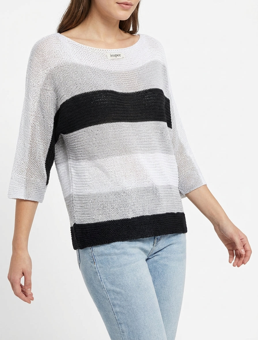 Pull ample à rayures et manches 3/4 - Noir